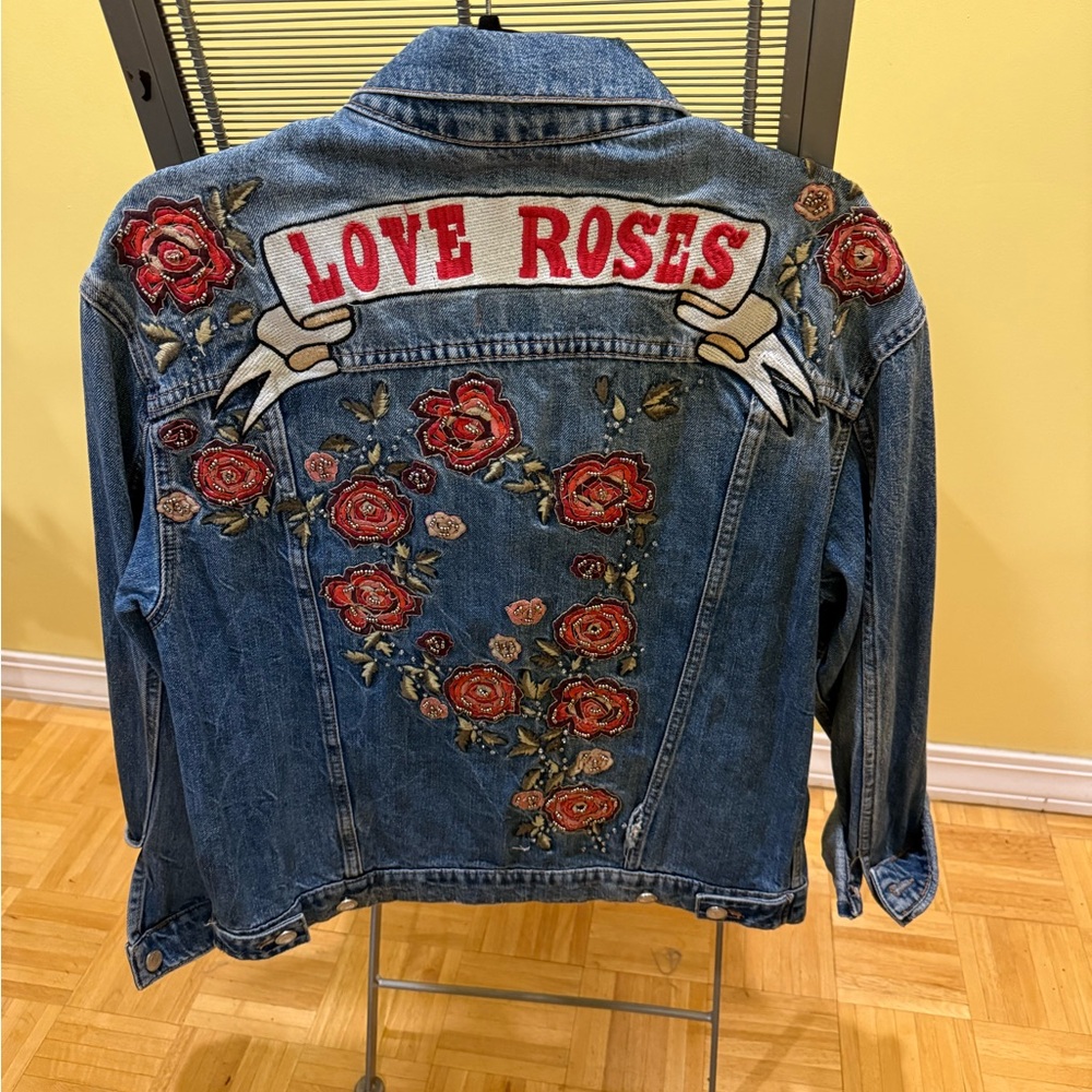Zara Blue Denim Jacket with Red Rose Embroidery